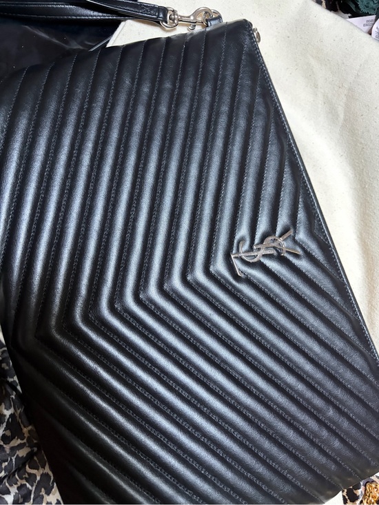 Saint Laurent Handbags - Saint Laurent Black Quilted Chevron Leather Clutch with Silver Hardware